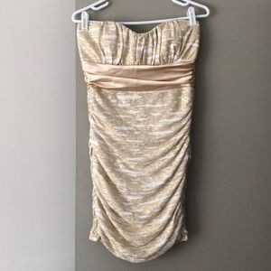 White & gold strapless ruched dress